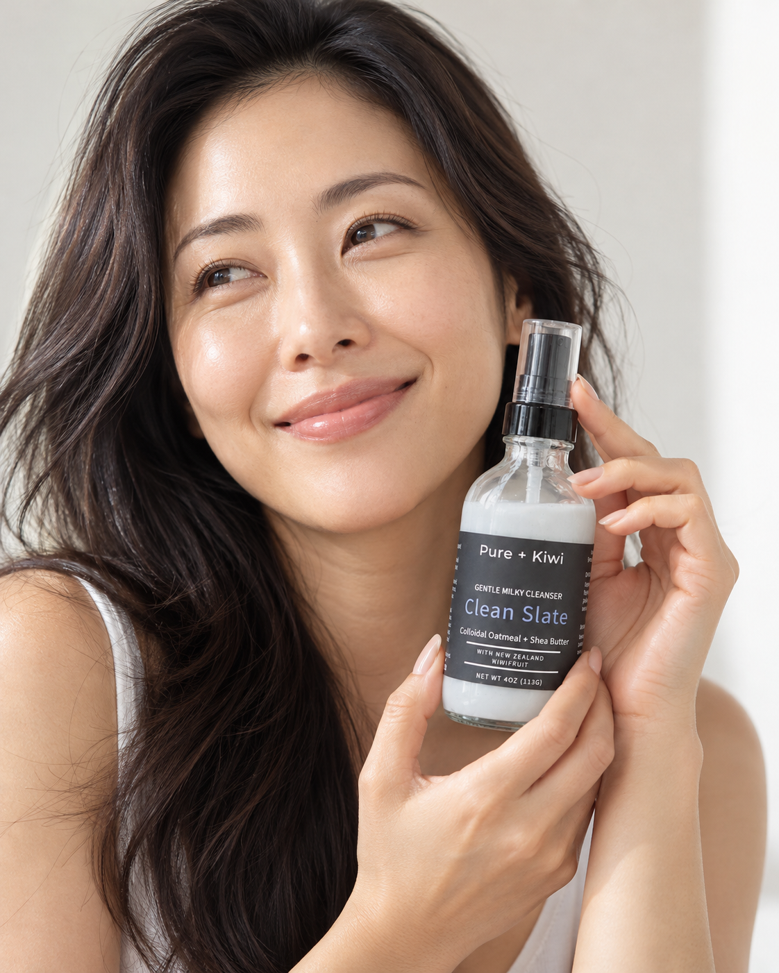 A woman holding a bottle of Pure + Kiwi Clean Slate room spray against a bright, neutral background.