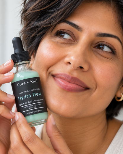 A woman holding a bottle of Pure + Kiwi Hydra Dew daily hydration serum, showing the light green liquid inside a clear glass bottle with a black dropper cap.