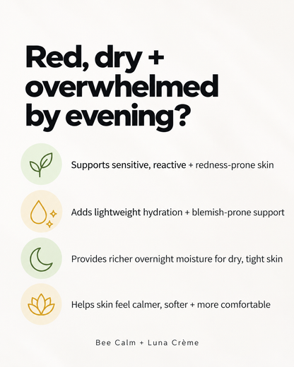 A digital marketing graphic with the headline 'Red, dry + overwhelmed by evening?' in bold black text. Below, four light-colored circular icons with green, peach, pale yellow, and orange outlines are paired with descriptive text about skincare benefits: supporting sensitive/red-prone skin, adding hydration, providing overnight moisture, and helping skin feel calmer and softer.