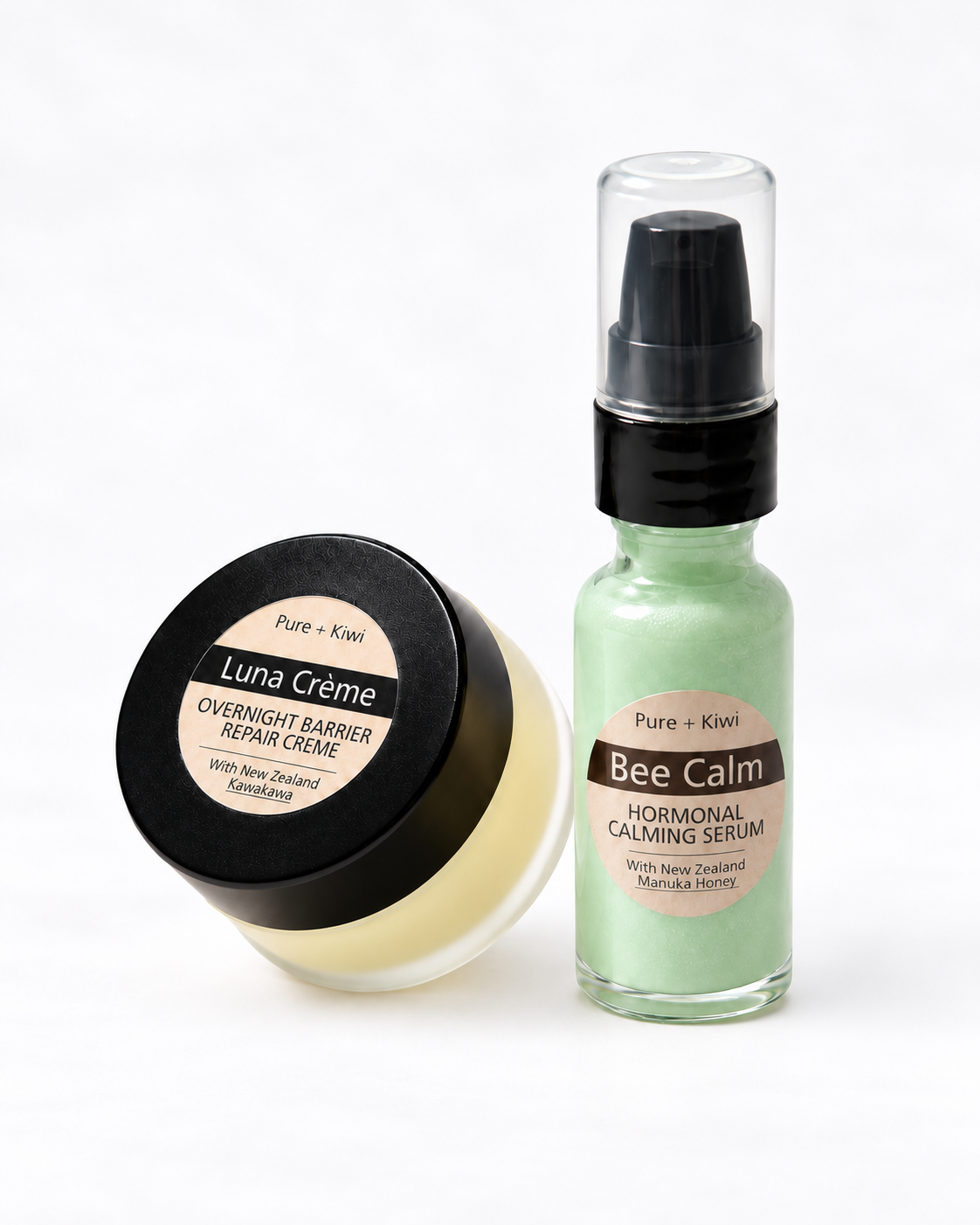 Two skincare products from Pure + Kiwi on a white background: a jar of Luna Crème Overnight Barrier Repair Creme and a bottle of Bee Calm Hormonal Calming Serum.