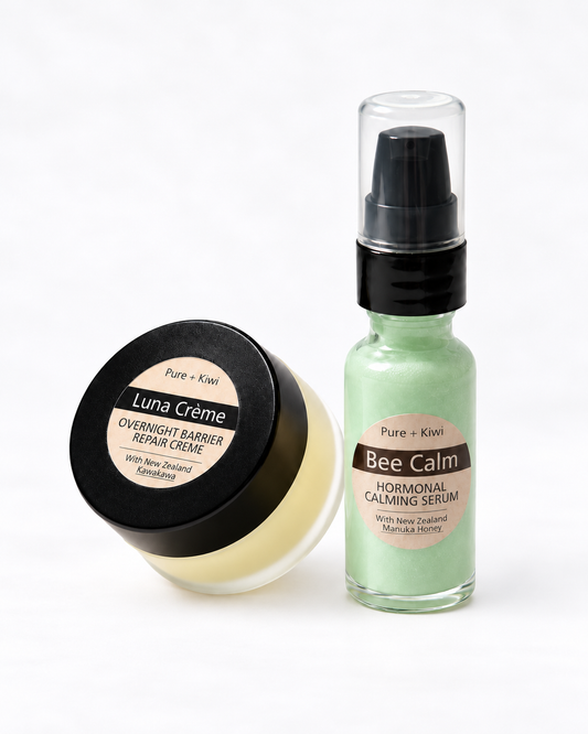 Two skincare products from Pure + Kiwi on a white background: a jar of Luna Crème Overnight Barrier Repair Creme and a bottle of Bee Calm Hormonal Calming Serum.